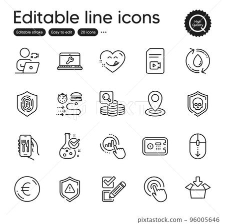 Set of Technology outline icons. Contains icons as Laptop repair, Euro money and Video file elements. Scroll down, Graph chart, Location web signs. Safe box, Video conference. Vector Set of Technology outline icons. Contains icons as Laptop repair, Euro money and Video file elements. Scroll down, Graph chart, Location web signs. Safe box, Video conference. Vector 96005646