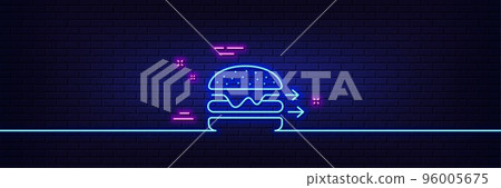 Neon light glow effect. Food delivery line icon. Burger meal sign. Catering service symbol. 3d line neon glow icon. Brick wall banner. Food delivery outline. Vector 96005675