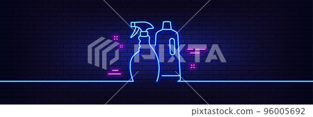 Neon light glow effect. Cleaning spray and Shampoo line icon. Washing liquid or Cleanser symbol. Housekeeping equipment sign. 3d line neon glow icon. Brick wall banner. Vector Neon light glow effect. Cleaning spray and Shampoo line icon. Washing liquid or Cleanser symbol. Housekeeping equipment sign. 3d line neon glow icon. Brick wall banner. Vector 96005692