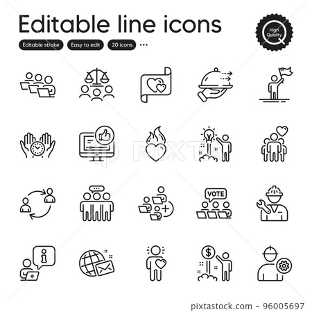Set of People outline icons. Contains icons as Income money, Creative idea and Employees group elements. Add team, Online voting, Teamwork web signs. Like video, User communication. Vector 96005697