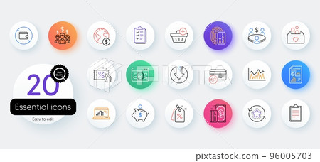 Simple set of Meeting, Global business and Checklist line icons. Include Clipboard, Payment methods, Discount tags icons. Piggy bank, Salary employees, Loyalty points web elements. Vector 96005703