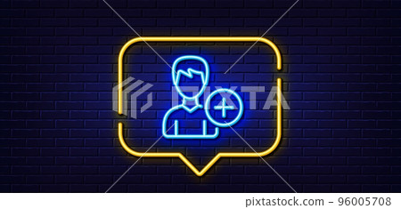 Neon light speech bubble. Add User line icon. Profile Avatar sign. Male Person silhouette symbol. Neon light background. Add Person glow line. Brick wall banner. Vector Neon light speech bubble. Add User line icon. Profile Avatar sign. Male Person silhouette symbol. Neon light background. Add Person glow line. Brick wall banner. Vector 96005708