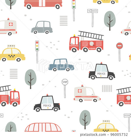 Seamless pattern with cute cars, traffic lights and traffic signs. 96005732