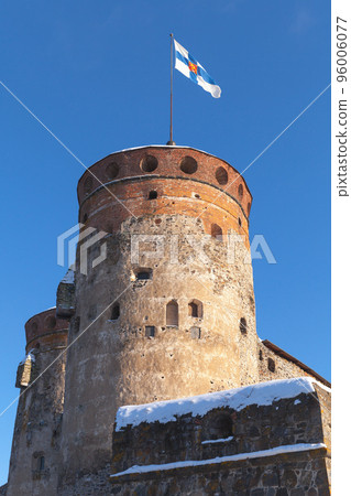 Olavinlinna fortress is under blue sky, vertical photo Olavinlinna fortress is under blue sky, vertical photo 96006077