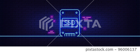 Neon light glow effect. SSD icon. Solid-state drive sign. Storage disk symbol. 3d line neon glow icon. Brick wall banner. SSD outline. Vector 96006137