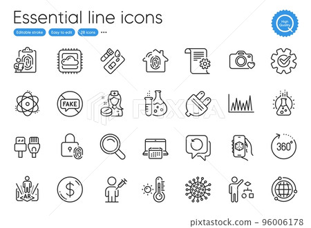 Computer cables, Fingerprint and Weather thermometer line icons. Collection of Technical documentation, Calendar, Augmented reality icons. Nurse, Chemistry lab, 3d app web elements. Vector 96006178