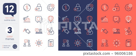 Set of People voting, Multichannel and Technical info line icons. Include Cogwheel, Faq, Lock icons. Dollar money, Recovery data, Air balloon web elements. Drag drop, Euro rate. Vector 96006186