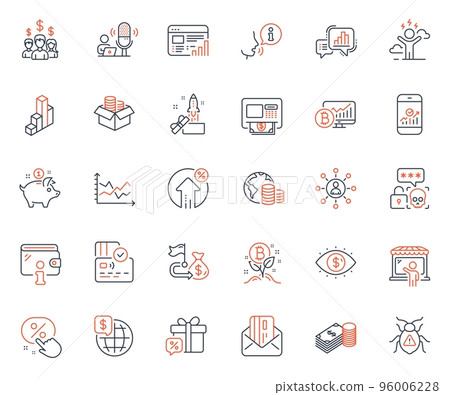 Finance icons set. Included icon as Credit card, Innovation and World money web elements. Budget, Bitcoin project, Web report icons. Market seller, Sale gift, Salary employees web signs. Vector 96006228