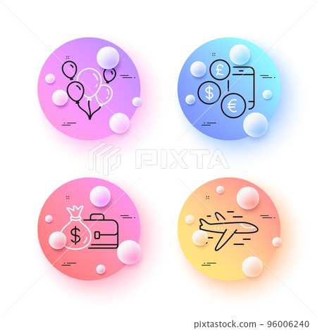 Airplane, Balloons and Salary minimal line icons. 3d spheres or balls buttons. Currency rate icons. For web, application, printing. Plane, Air balloons, Diplomat with money bag. Vector Airplane, Balloons and Salary minimal line icons. 3d spheres or balls buttons. Currency rate icons. For web, application, printing. Plane, Air balloons, Diplomat with money bag. Vector 96006240
