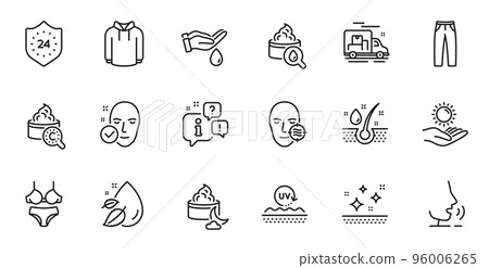 Outline set of Pants, Serum oil and Problem skin line icons for web application. Talk, information, delivery truck outline icon. Include Collagen skin, Moisturizing cream, Hoody icons. Vector 96006265