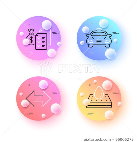 Accounting wealth, Sync and Waterproof mattress minimal line icons. 3d spheres or balls buttons. Taxi icons. For web, application, printing. Audit report, Synchronize, Sleeping pad. Vector 96006272