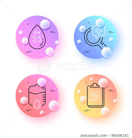 Drop counter, Clipboard and Medical analyzes minimal line icons. 3d spheres or balls buttons. Ph neutral icons. For web, application, printing. Medical equipment, Survey document, Medicine. Vector 96006281