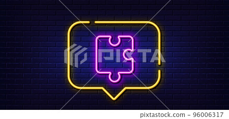 Neon light speech bubble. Puzzle piece line icon. Jigsaw game shape sign. Business strategy element. Neon light background. Puzzle glow line. Brick wall banner. Vector 96006317