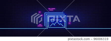 Neon light glow effect. Image gallery line icon. Photo thumbnail sign. Album picture placeholder symbol. 3d line neon glow icon. Brick wall banner. Image gallery outline. Vector 96006319