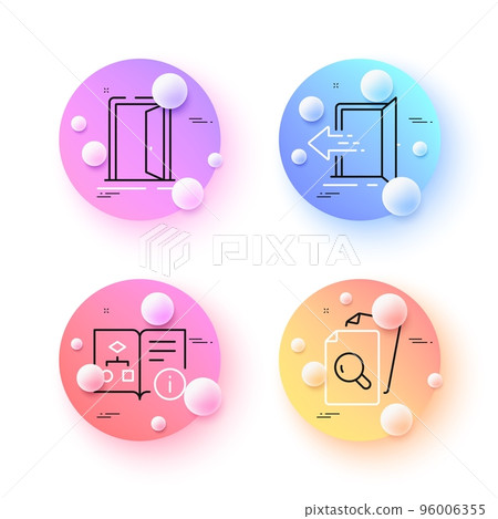 Entrance, Open door and Inspect minimal line icons. 3d spheres or balls buttons. Technical algorithm icons. For web, application, printing. Open door, Entrance, Search document. Project doc. Vector 96006355
