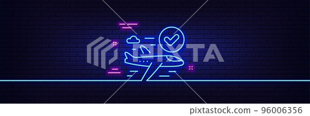 Neon light glow effect. Confirmed flight line icon. Approved charter sign. Verified airplane symbol. 3d line neon glow icon. Brick wall banner. Confirmed flight outline. Vector 96006356