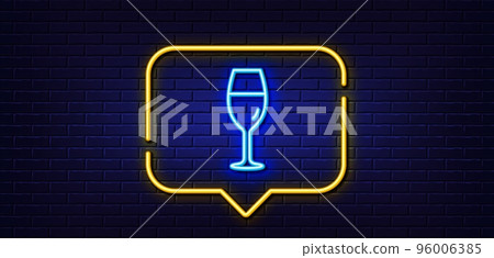 Neon light speech bubble. Wine glass line icon. Burgundy glass sign. Neon light background. Wineglass glow line. Brick wall banner. Vector 96006385