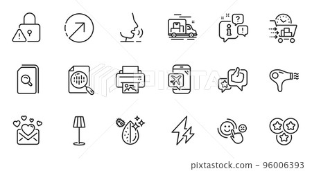 Outline set of Hair dryer, Dirty water and Search files line icons for web application. Talk, information, delivery truck outline icon. Include Direction, Food delivery, Electricity icons. Vector 96006393