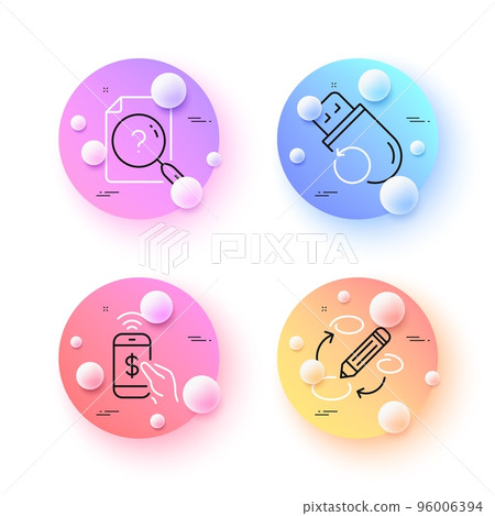 Phone payment, Keywords and Search document minimal line icons. 3d spheres or balls buttons. Flash memory icons. For web, application, printing. Mobile pay, Marketing strategy, Questionnaire. Vector 96006394