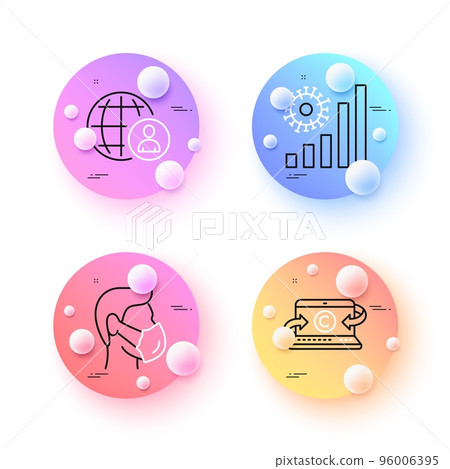 Copywriting notebook, International recruitment and Medical mask minimal line icons. 3d spheres or balls buttons. Coronavirus statistics icons. For web, application, printing. Vector Copywriting notebook, International recruitment and Medical mask minimal line icons. 3d spheres or balls buttons. Coronavirus statistics icons. For web, application, printing. Vector 96006395