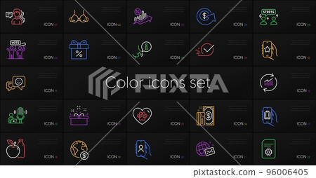 Set of User call, Dollar exchange and Update data line icons. Include Present box, Global business, Discount offer icons. Difficult stress, Apple, Bra web elements. Favorite app. Vector 96006405