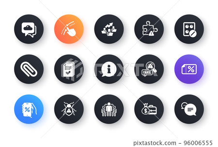 Minimal set of Software bug, Group and Info flat icons for web development. Discounts app, Paper clip, Teamwork chart icons. Handout, Puzzle, Swipe up web elements. Salary. Vector 96006555