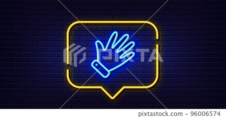 Neon light speech bubble. Hand line icon. Wave palm sign. Gesture symbol. Neon light background. Hand glow line. Brick wall banner. Vector 96006574