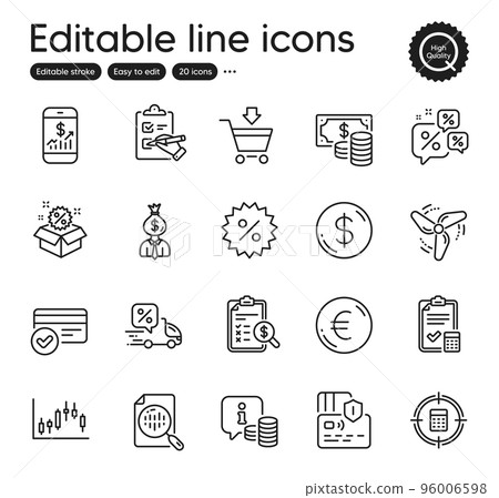 Set of Finance outline icons. Contains icons as Mobile finance, Discounts chat and Calculator target elements. Discount, Wind energy, Info web signs. Payment methods, Online market. Vector Set of Finance outline icons. Contains icons as Mobile finance, Discounts chat and Calculator target elements. Discount, Wind energy, Info web signs. Payment methods, Online market. Vector 96006598
