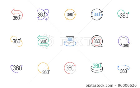 360 degrees line icons. Rotate arrow, VR panoramic simulation and augmented reality. 360 degrees virtual gaming, abstract geometry, full rotation view icons. Linear set. Vector 360 degrees line icons. Rotate arrow, VR panoramic simulation and augmented reality. 360 degrees virtual gaming, abstract geometry, full rotation view icons. Linear set. Vector 96006626