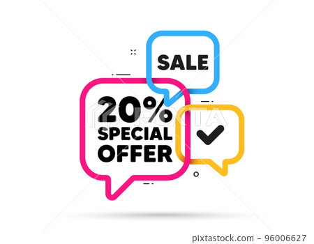 20 percent discount offer tag. Ribbon bubble chat banner. Discount offer coupon. Sale price promo sign. Special offer symbol. Discount adhesive tag. Promo banner. Vector 20 percent discount offer tag. Ribbon bubble chat banner. Discount offer coupon. Sale price promo sign. Special offer symbol. Discount adhesive tag. Promo banner. Vector 96006627