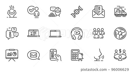 Outline set of Calculator alarm, Meeting and Presentation line icons for web application. Talk, information, delivery truck outline icon. Vector 96006629