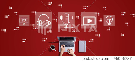 Podcast theme with person working with laptop 96006787