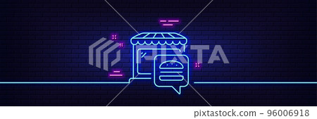 Neon light glow effect. Food market line icon. Fast food restaurant sign. Retail marketplace symbol. 3d line neon glow icon. Brick wall banner. Food market outline. Vector 96006918