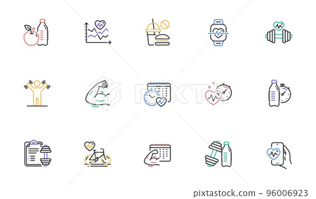 Fitness time line icons. Strong Muscle Arm, Bike Workout, Gym fit dumbbell. Training analysis, Workout plan and Cardio exercise line icons. Dumbbell sport equipment, Healthy food, Muscle. Vector 96006923