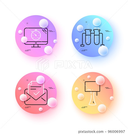 Approved mail, Chemistry beaker and Table lamp minimal line icons. 3d spheres or balls buttons. Seo timer icons. For web, application, printing. Vector 96006997