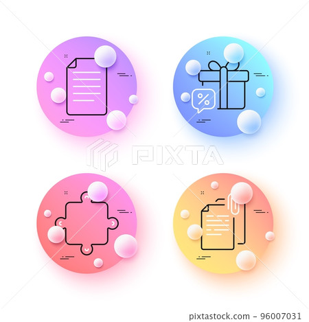 Sale gift, Puzzle and Document attachment minimal line icons. 3d spheres or balls buttons. File icons. For web, application, printing. Discounts, Puzzle piece, Paper clip. Paper page. Vector Sale gift, Puzzle and Document attachment minimal line icons. 3d spheres or balls buttons. File icons. For web, application, printing. Discounts, Puzzle piece, Paper clip. Paper page. Vector 96007031