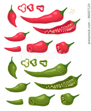Cartoon Red and Green Chilli Pepper Set Spice Concept Flat Design Style. Vector illustration of Peppers 96007120