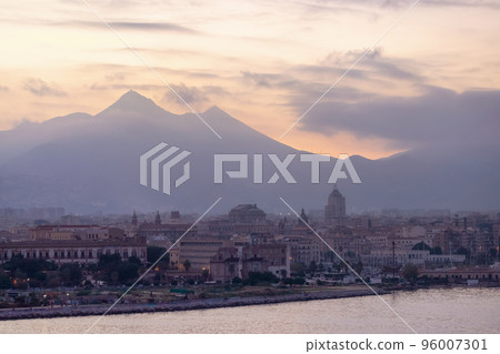 City on Mediterranean Coast with mountains in background in Palermo, Sicily, Italy City on Mediterranean Coast with mountains in background in Palermo, Sicily, Italy 96007301
