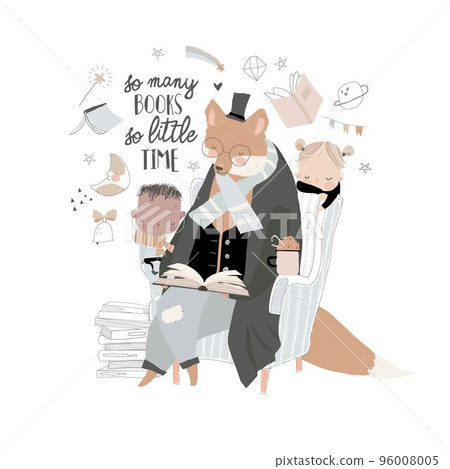 Cute Fox reading Book with Little Boy and Girl 96008005