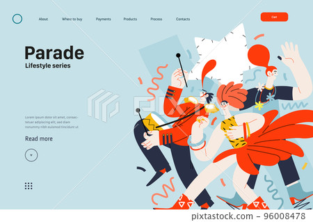 Lifestyle web template - Parade - modern flat vector illustration of people marching together, taking part in parade or rally. Male and female protesters or activists. People activities concept 96008478