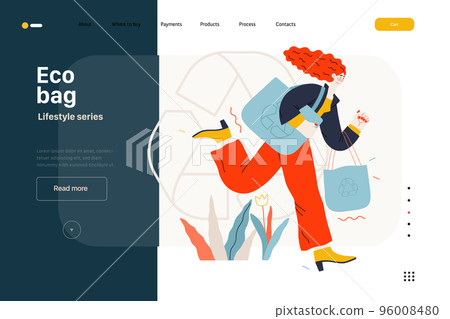 Lifestyle website template - Eco bag - modern flat vector illustration of woman holding her eco bags and recycle sign, ecology metaphor. People activities concept Lifestyle website template - Eco bag - modern flat vector illustration of woman holding her eco bags and recycle sign, ecology metaphor. People activities concept 96008480