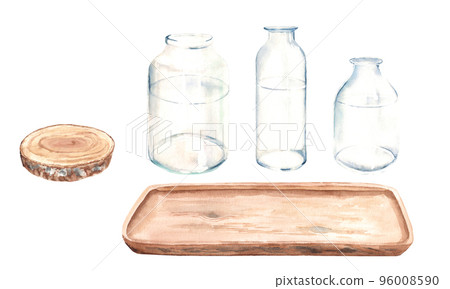 Set of transparent glass bottle, vase, jar of different shapes, wooden tray and saw cut from side view. Watercolor illustration on white background. For floral compositions. Set of transparent glass bottle, vase, jar of different shapes, wooden tray and saw cut from side view. Watercolor illustration on white background. For floral compositions. 96008590