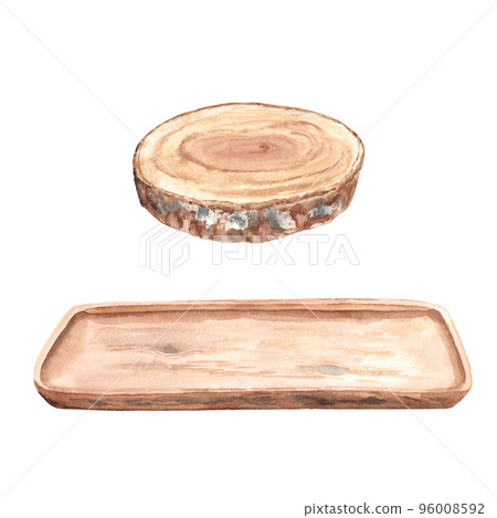 Empty wooden tray, plate and round wooden saw cut from side view isolated on a white background. Eco minimalistic style. Podium, empty showcase for eco products, floral design. Watercolor illustration Empty wooden tray, plate and round wooden saw cut from side view isolated on a white background. Eco minimalistic style. Podium, empty showcase for eco products, floral design. Watercolor illustration 96008592
