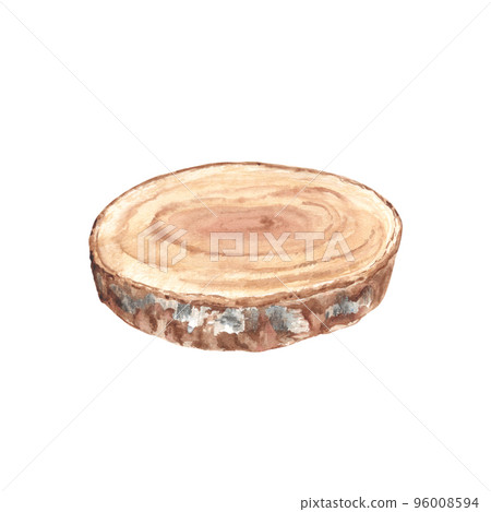 Round wooden saw cut of cylinder shape. Watercolor illustration on white background. Eco minimalistic style. Podium, empty showcase for eco products, floral design. Round wooden saw cut of cylinder shape. Watercolor illustration on white background. Eco minimalistic style. Podium, empty showcase for eco products, floral design. 96008594