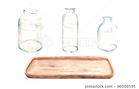 Set of transparent glass bottle, vase, jar of different shapes and wooden tray from side view. Watercolor illustration on white background. For floral compositions. Set of transparent glass bottle, vase, jar of different shapes and wooden tray from side view. Watercolor illustration on white background. For floral compositions. 96008595