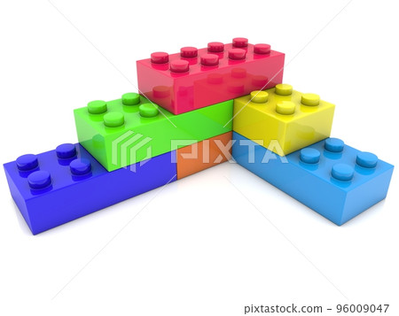 Toy bricks of different colors connected one above the other Toy bricks of different colors connected one above the other 96009047