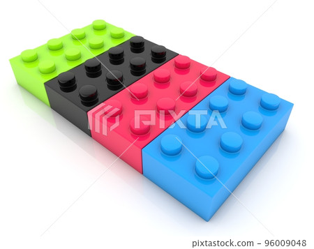 Four different colored toy bricks in a row on a white background Four different colored toy bricks in a row on a white background 96009048