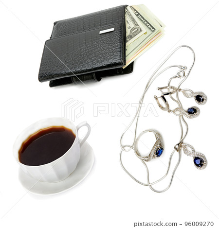 Wallet with dollars, jewelry set with sapphires and a cup of coffee isolated on white background. Collage. 96009270