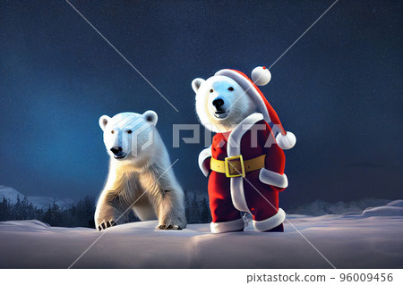 Christmas polar bear in the winter landscape. Polar bear santa. Magical christmas scenery Christmas polar bear in the winter landscape. Polar bear santa. Magical christmas scenery 96009456