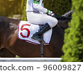 Hands and uniform of a jockey. Race horse in racing competition. Jockey sitting on racing horse. Sport. Champion. Hippodrome. Equestrian. Derby. Horse paddock. Closeup 96009827